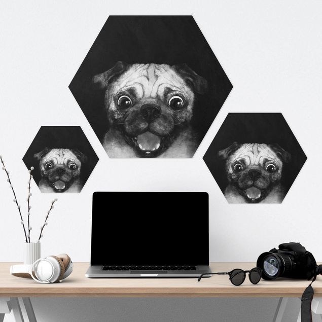 quadros para parede Illustration Dog Pug Painting On Black And White