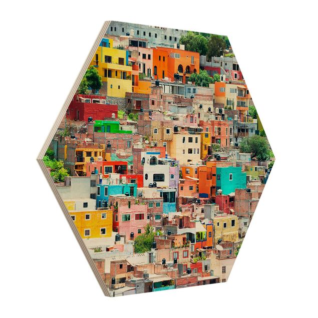 Quadros hexagonais Coloured Houses Front Guanajuato