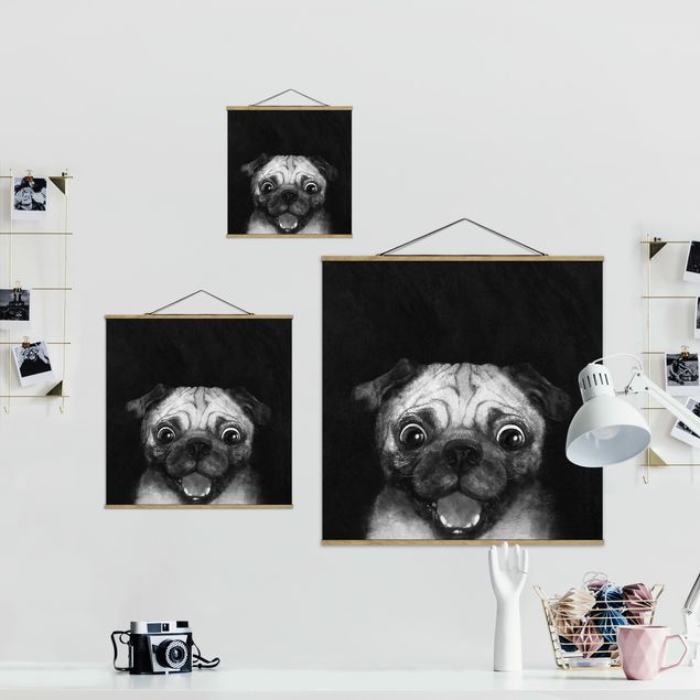 Quadros pretos Illustration Dog Pug Painting On Black And White