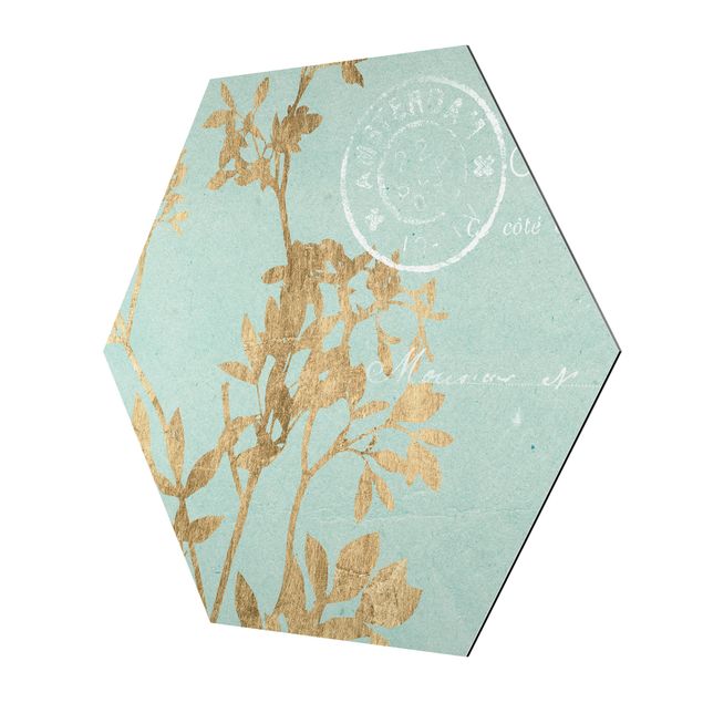 quadros para parede Golden Leaves On Turquoise I