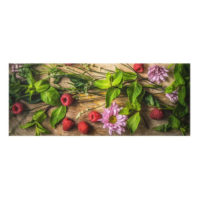 Painel anti-salpicos de cozinha imitação madeira Flowers Raspberry Mint