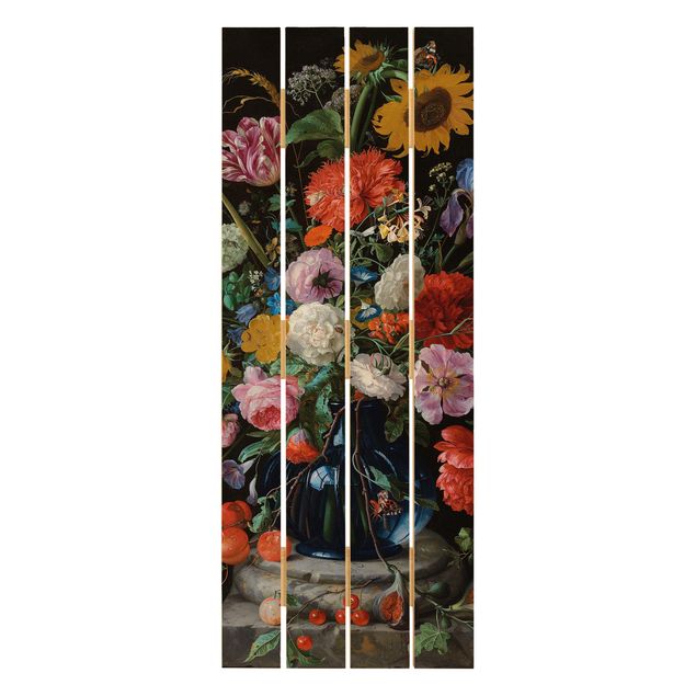 quadros para parede Jan Davidsz de Heem - Tulips, a Sunflower, an Iris and other Flowers in a Glass Vase on the Marble Base of a Column
