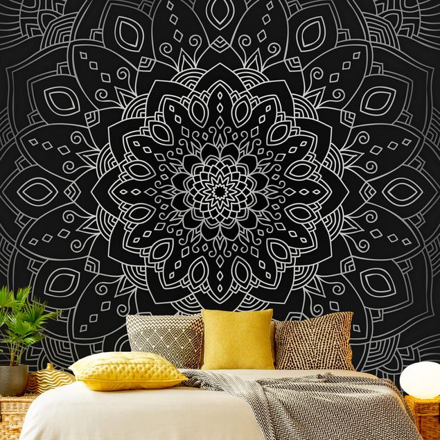 papel de parede com dourado Mandala Flower Pattern Silver Black