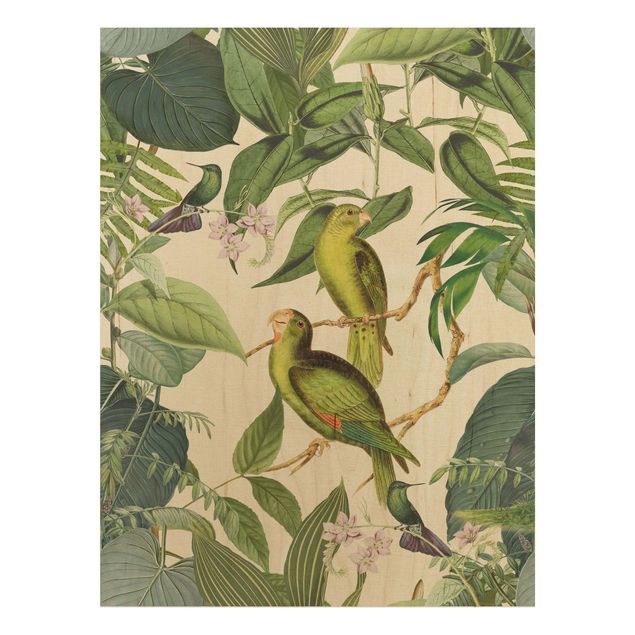 Quadros em madeira flores Vintage Collage - Parrots In The Jungle