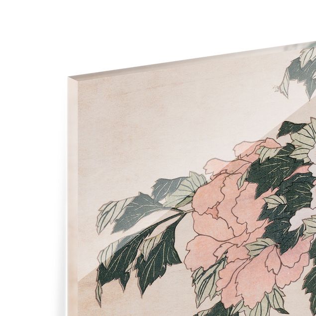 Réplicas de quadros famosos para decoração Katsushika Hokusai - Pink Peonies With Butterfly