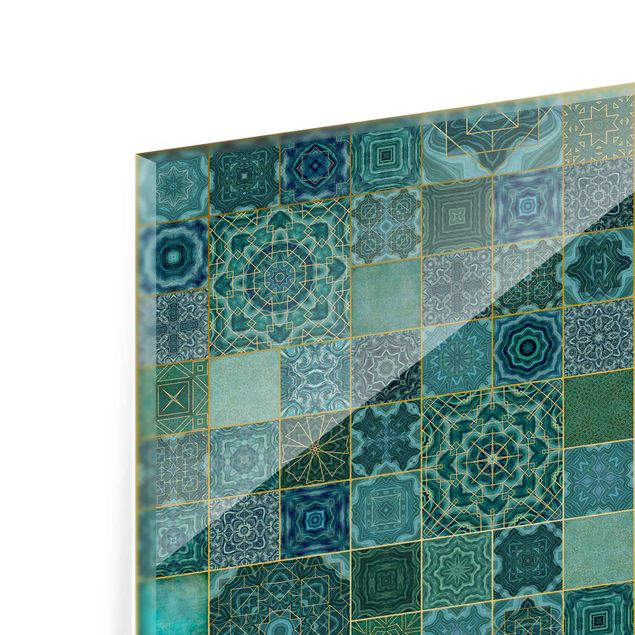 Painel anti-salpicos de cozinha Art Deco Tiles Green Marble With Golden Shimmer