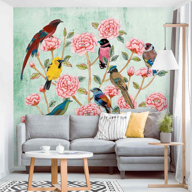 Papel de parede com pássaros Chinoiserie Collage In Mint