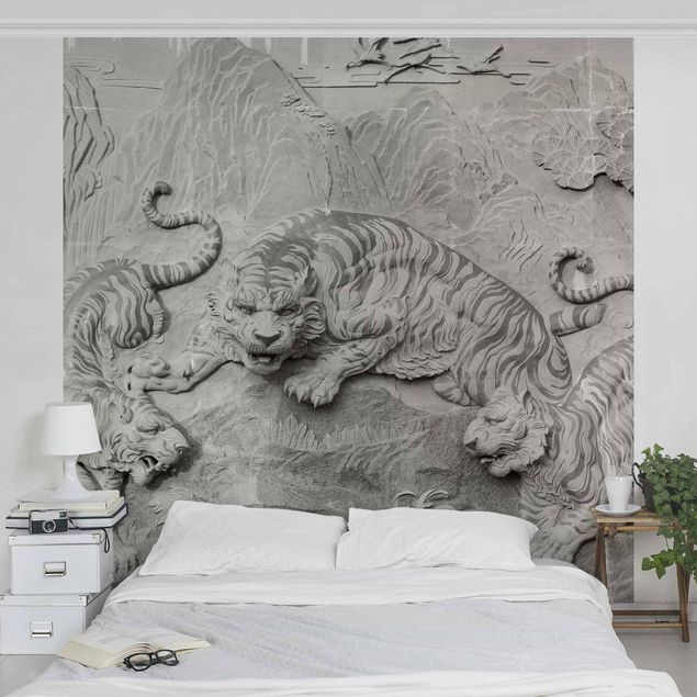 Papel de parede tigres Chinoiserie Tiger In Stone Look