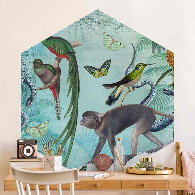 Papel de parede borboletas Colonial Style Collage - Monkeys And Birds Of Paradise
