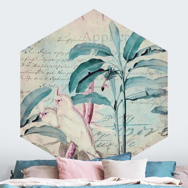 Papel de parede com pássaros Colonial Style Collage - Cockatoos And Palm Trees
