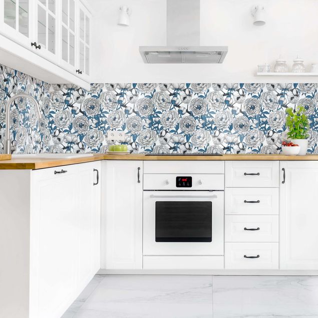 Backsplash de cozinha flores Peonies And Tomtits In White And Blue