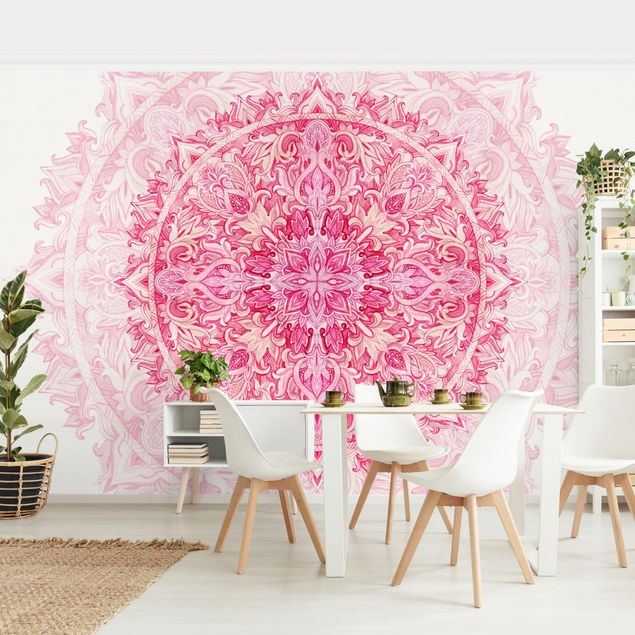 papel de parede para quarto de casal moderno Mandala Watercolour Ornament Pink