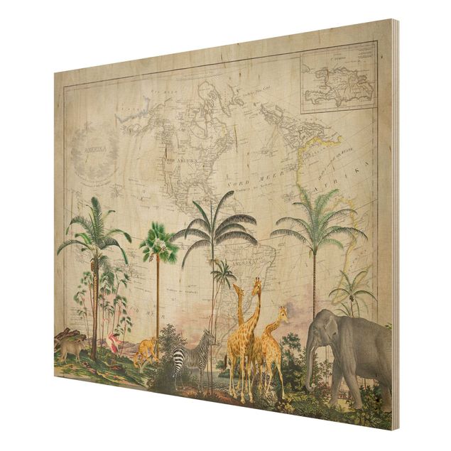 Quadros em madeira vintage Vintage Collage - Wildlife On World Map
