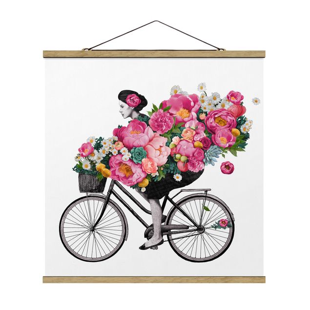 Quadros famosos Illustration Woman On Bicycle Collage Colourful Flowers
