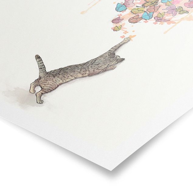 Posters animais Illustration Cat With Colourful Butterflies Painting