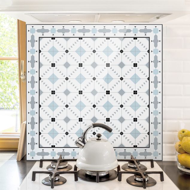 decoraçoes cozinha Geometrical Tiles Ikat Blue With Border