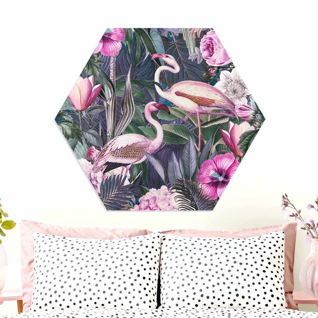 decoraçao para parede de cozinha Colorful Collage - Pink Flamingos In The Jungle