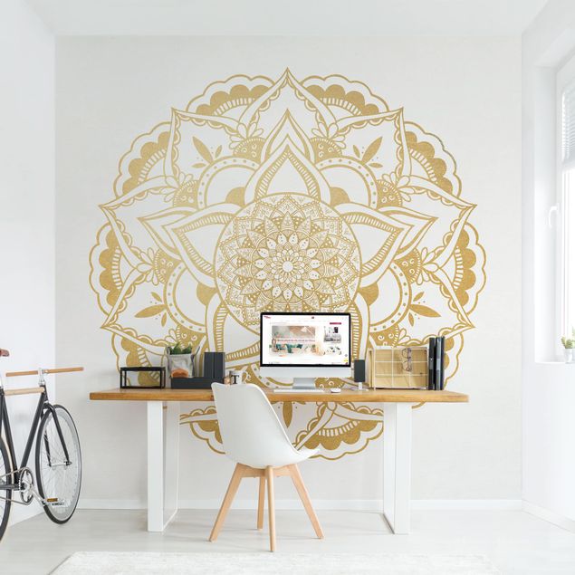 Papel de parede padrões Mandala Flower Gold White