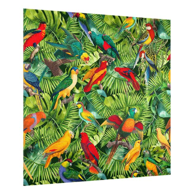 painéis antisalpicos Colourful Collage - Parrots In The Jungle
