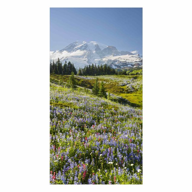 Revestimento de parede para duche Mountain Meadow With Blue Flowers in Front of Mt. Rainier