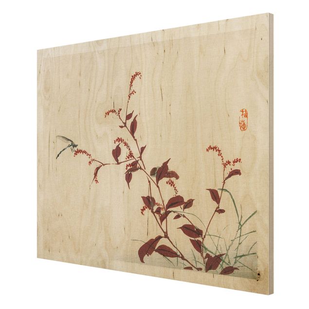 Quadros em madeira vintage Asian Vintage Drawing Red Branch With Dragonfly