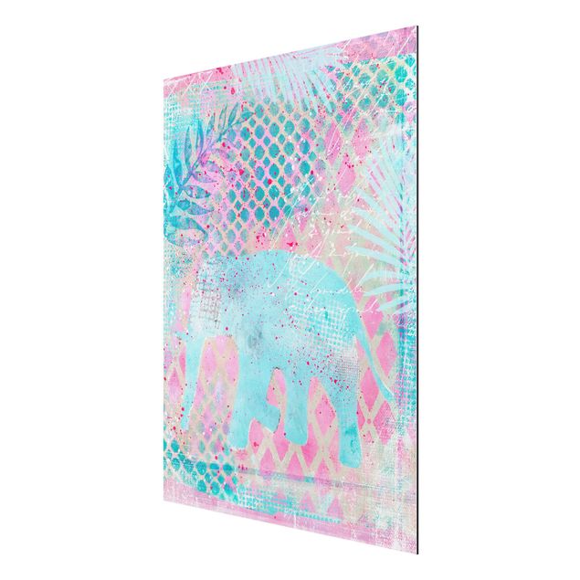 quadro com paisagens Colourful Collage - Elephant In Blue And Pink