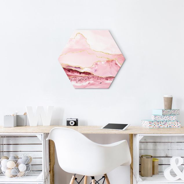 Quadros famosos Abstract Mountains Pink With Golden Lines