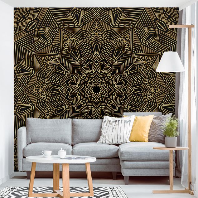 Papel de parede ornamental Mandala Star Pattern Gold Black