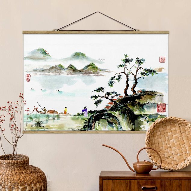 decoraçao cozinha Japanese Watercolour Drawing Lake And Mountains