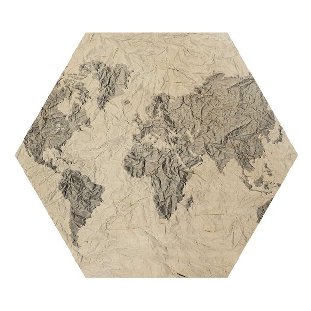Quadros hexagonais Paper World Map White Grey