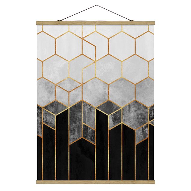 quadros abstratos modernos Golden Hexagons Black And White