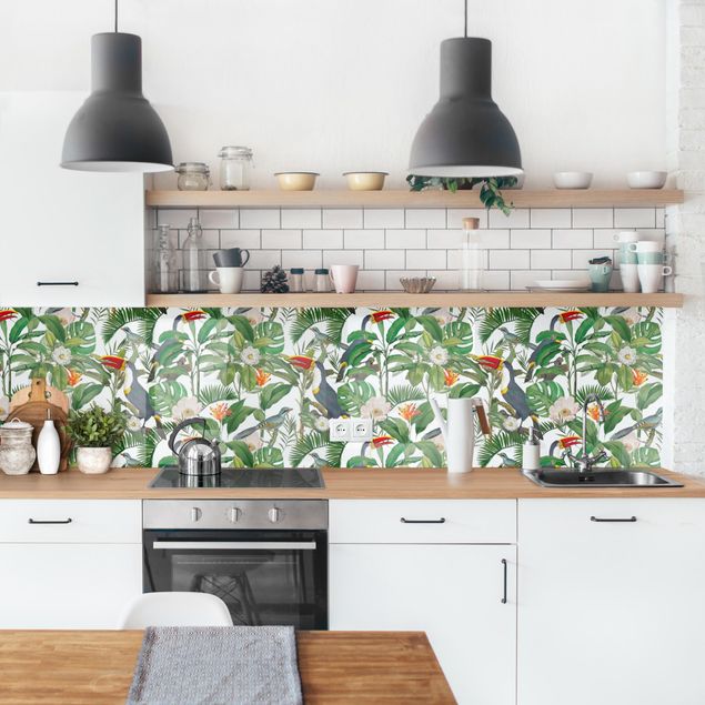 Backsplash de cozinha flores Tropical Toucan With Monstera And Palm Leaves II