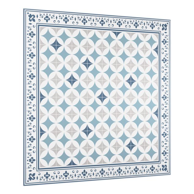 painéis antisalpicos Geometrical Tiles Circular Flowers Dark Blue With Border