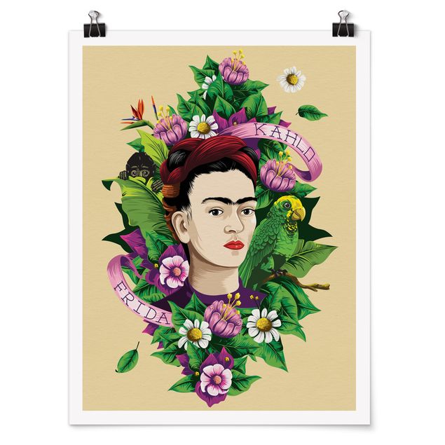 Quadros florais Frida Kahlo - Frida, Monkey And Parrot