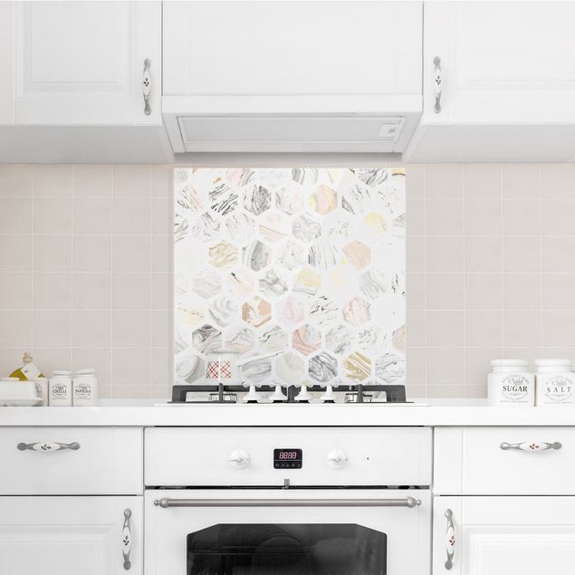 Painel anti-salpicos de cozinha imitação pedra Marble Hexagons In Beige