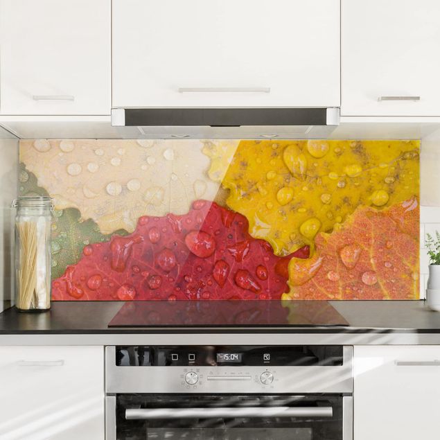 decoraçao para parede de cozinha Water Drops On Colorful Leaves