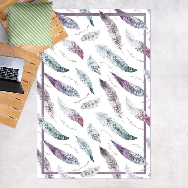 tapetes de exterior Boho Watercolour Feathers In Aubergine And Petrol Colour With Frame