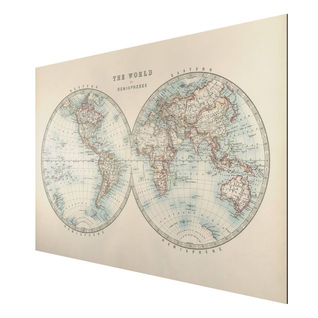 quadros com frases motivacionais Vintage World Map The Two Hemispheres