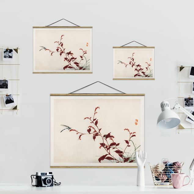 Quadros decorativos Asian Vintage Drawing Red Branch With Dragonfly