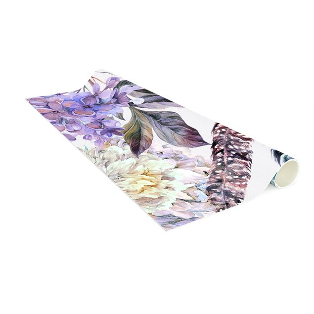 Tapete de flores Delicate Watercolour Boho Flowers And Feathers Pattern