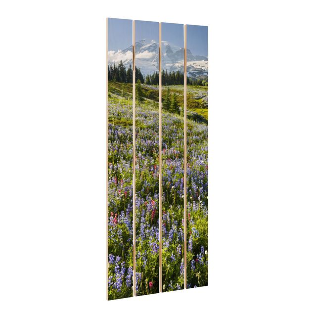 Quadros decorativos Mountain Meadow With Red Flowers in Front of Mt. Rainier