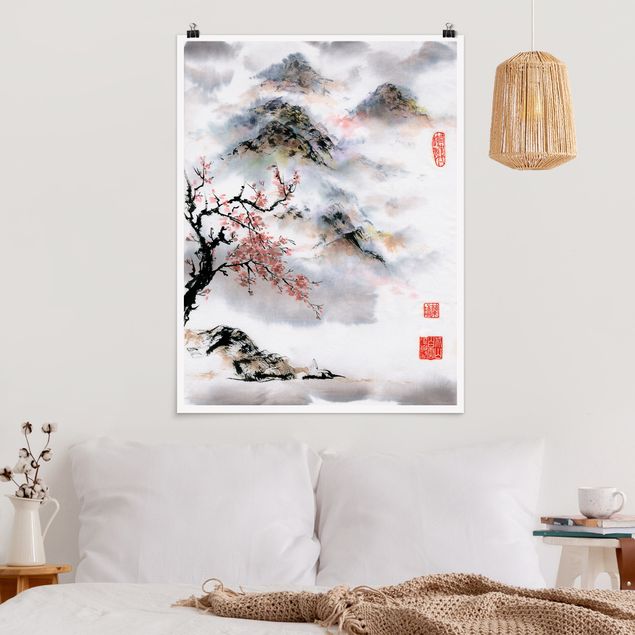 decoraçao cozinha Japanese Watercolour Drawing Cherry Tree And Mountains