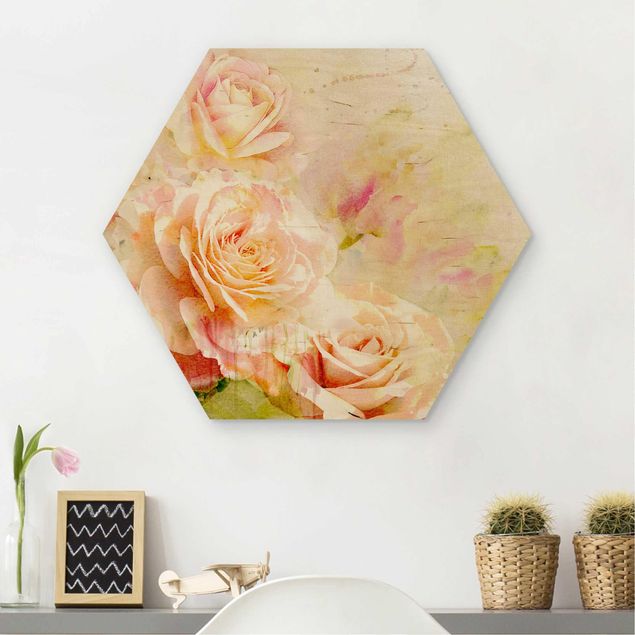 Quadros em madeira flores Watercolour Rose Composition