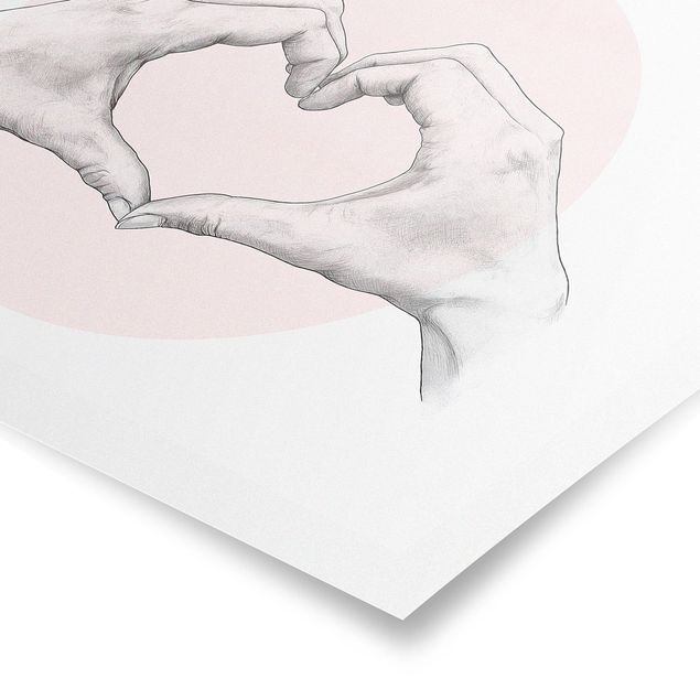 Quadros rosas Illustration Heart Hands Circle Pink White