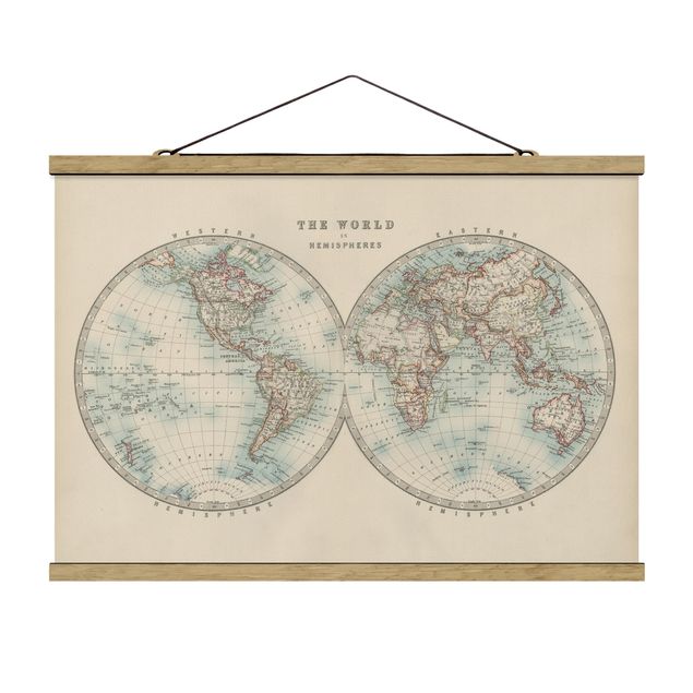 Quadros retro Vintage World Map The Two Hemispheres