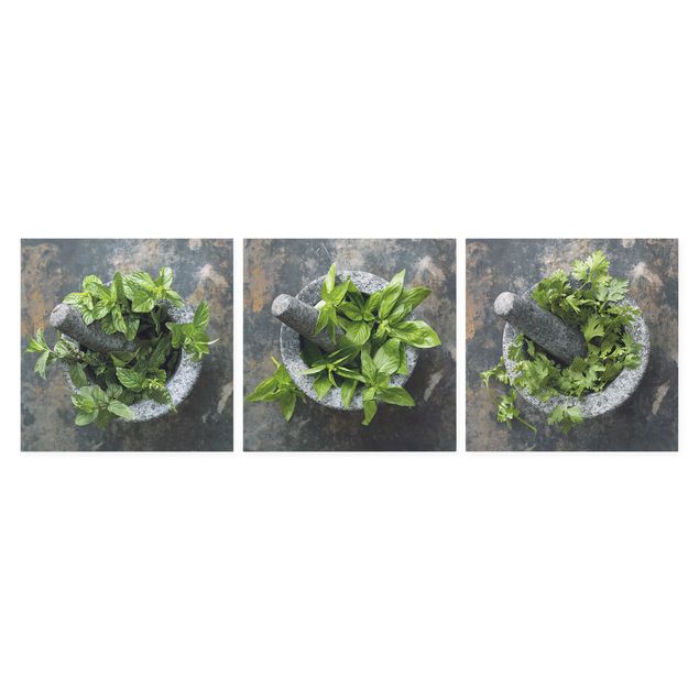 Telas decorativas temperos e ervas aromáticas Basil Mint Parsley In A Mortar