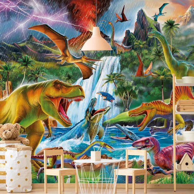 papel de parede para quarto de casal moderno Dinosaurs In A Prehistoric Storm