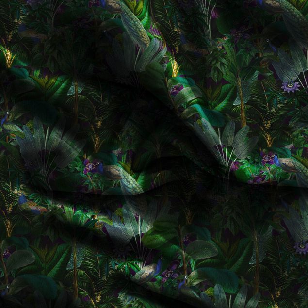 cortina sob medida Jungle Leaves With Peacocks