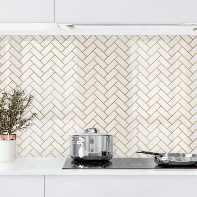 decoraçao para parede de cozinha Fish Bone Tiles - Whitish Gold