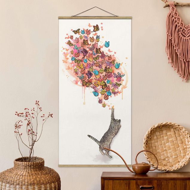 decoraçao cozinha Illustration Cat With Colourful Butterflies Painting